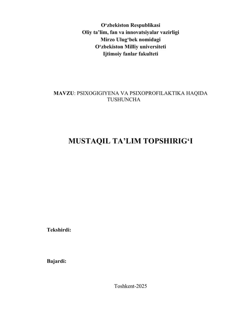 PSIXOGIGIYENA VA PSIXOPROFILAKTIKA HAQIDA TUSHUNCHA