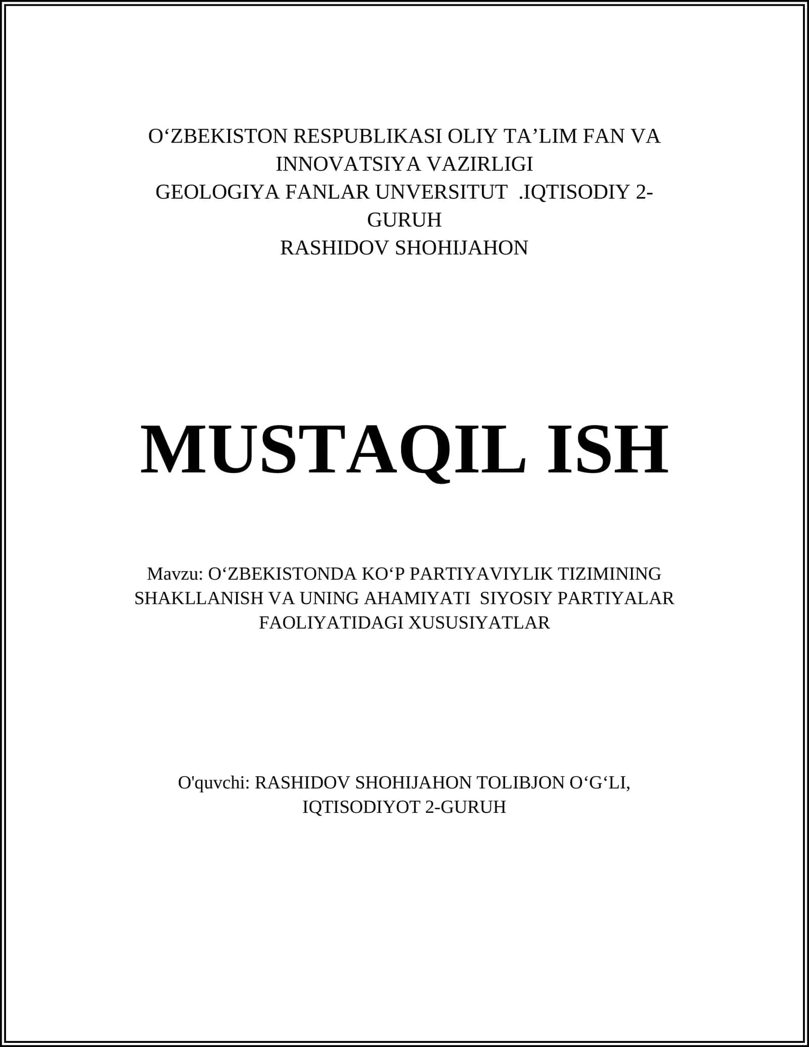 Oʻzbekistonda ko‘p partiya viylik tizimining shakllanish va uning ahamiyati siyosiy partiyalar faoliyatidagi xususiyatlar