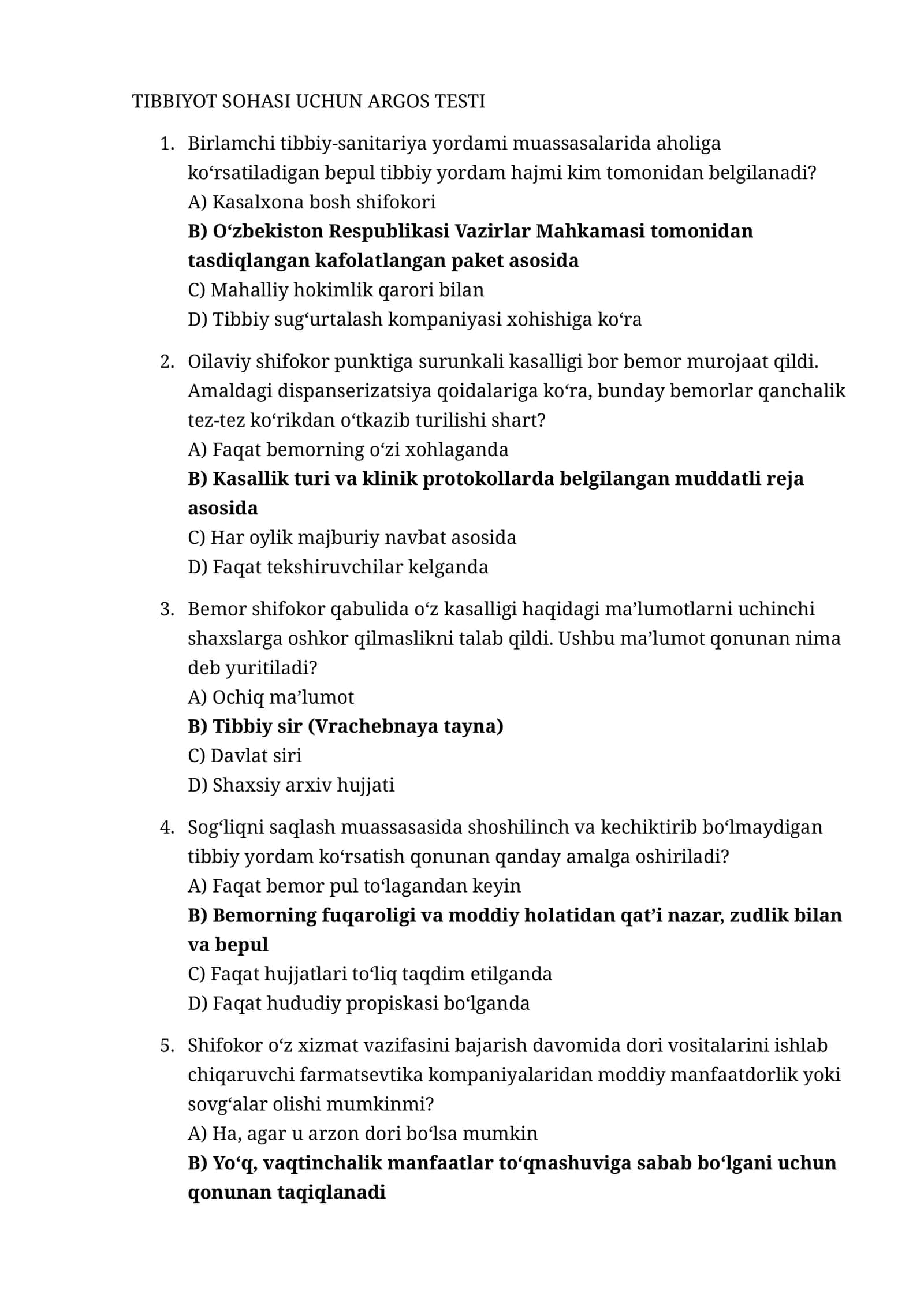 TIBBIYOT SOHASI UCHUN ARGOS TESTI 135 talik test javob formatda
