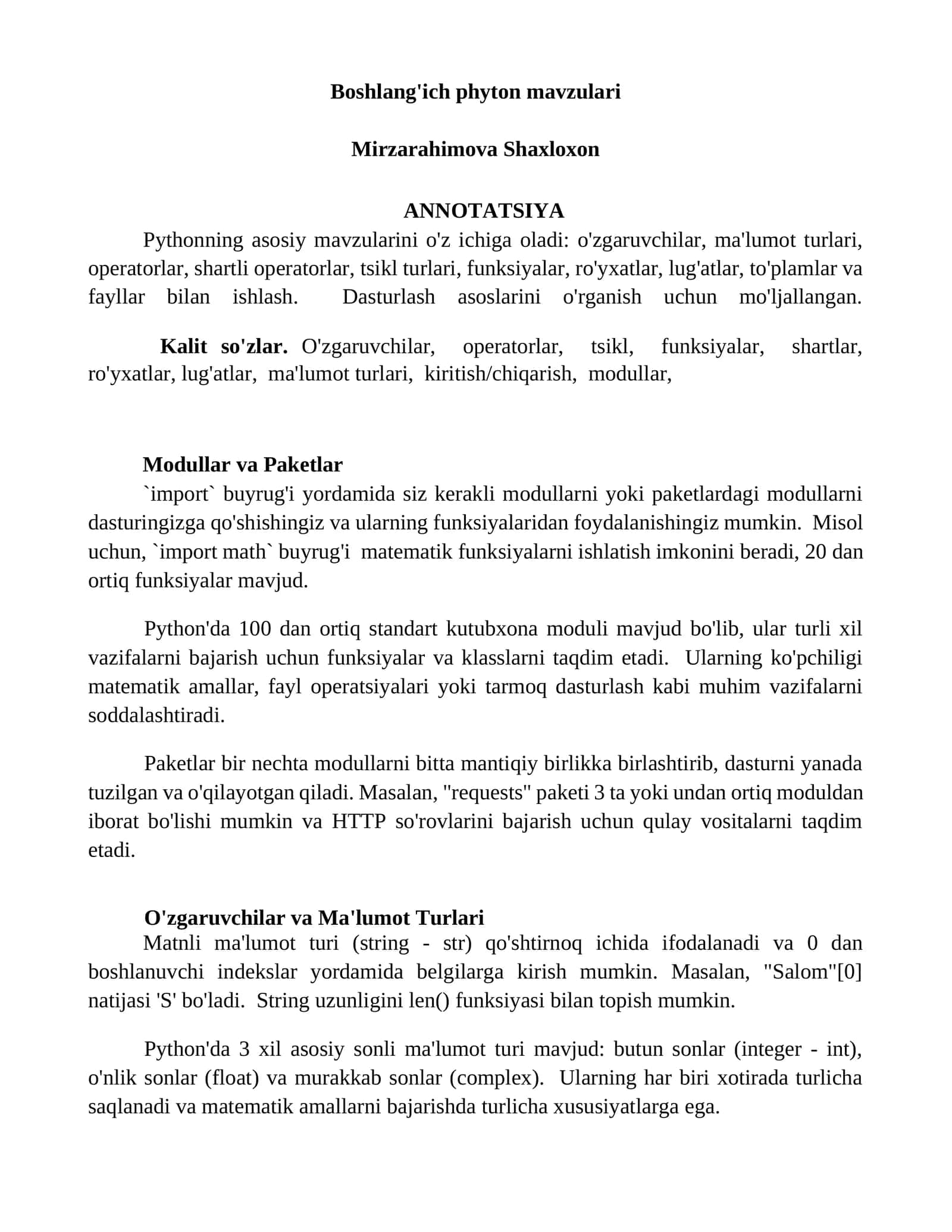 Boshlang'ich phyton mavzulari