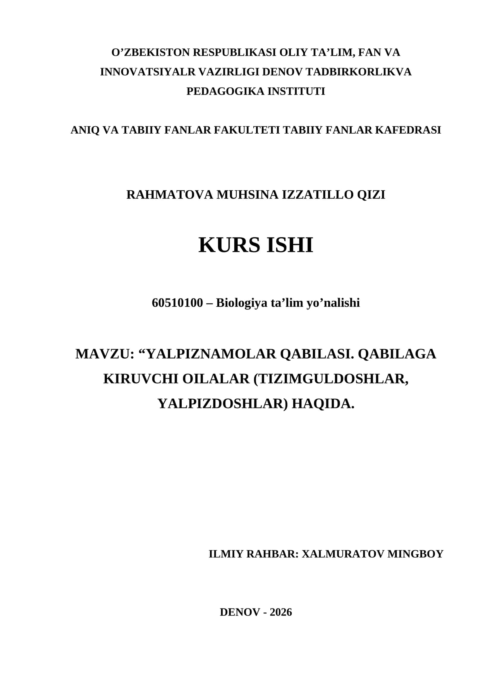 Biologiya ta’lim yo’nalishi kurs ishi