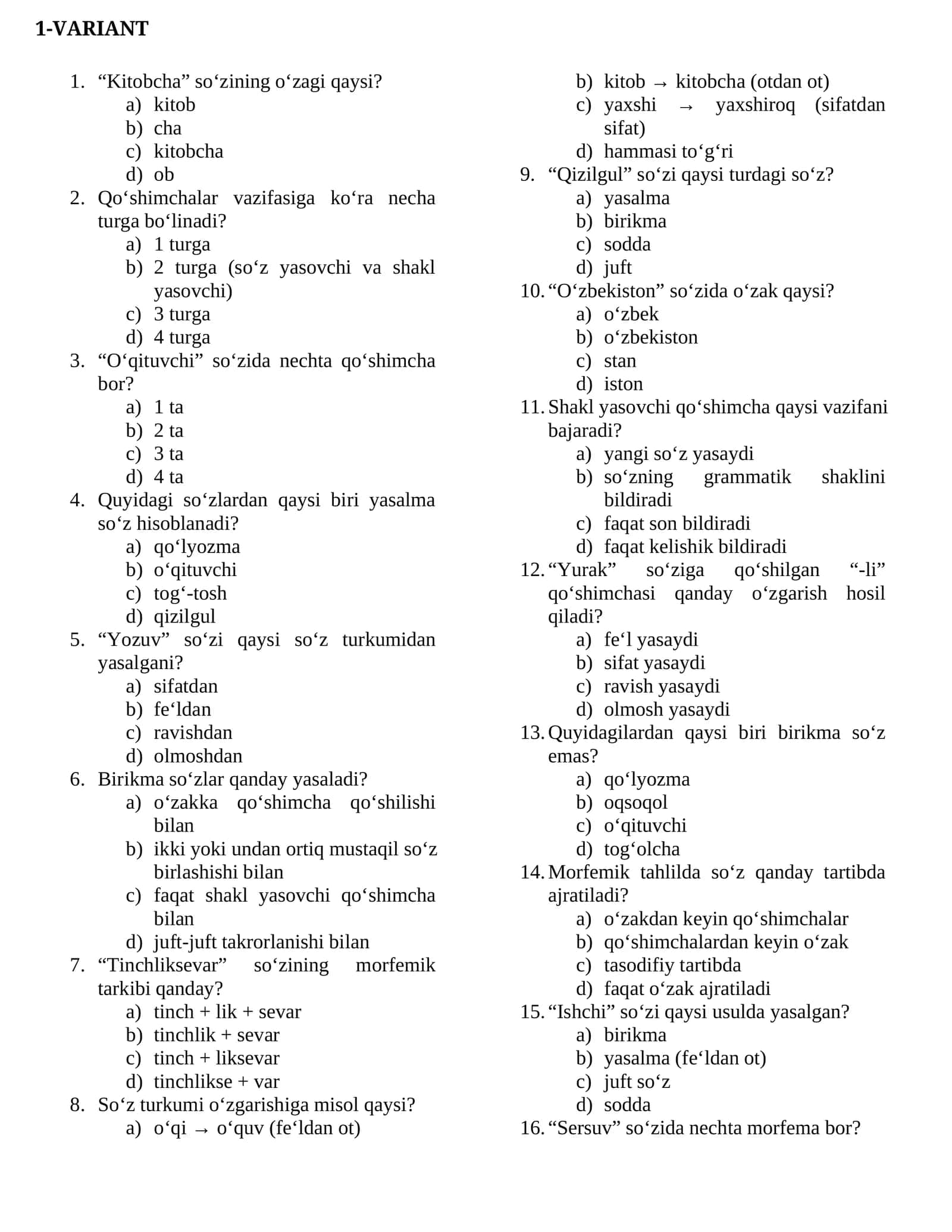 Morfemika(so'z tarkibi) 2 Variantli test