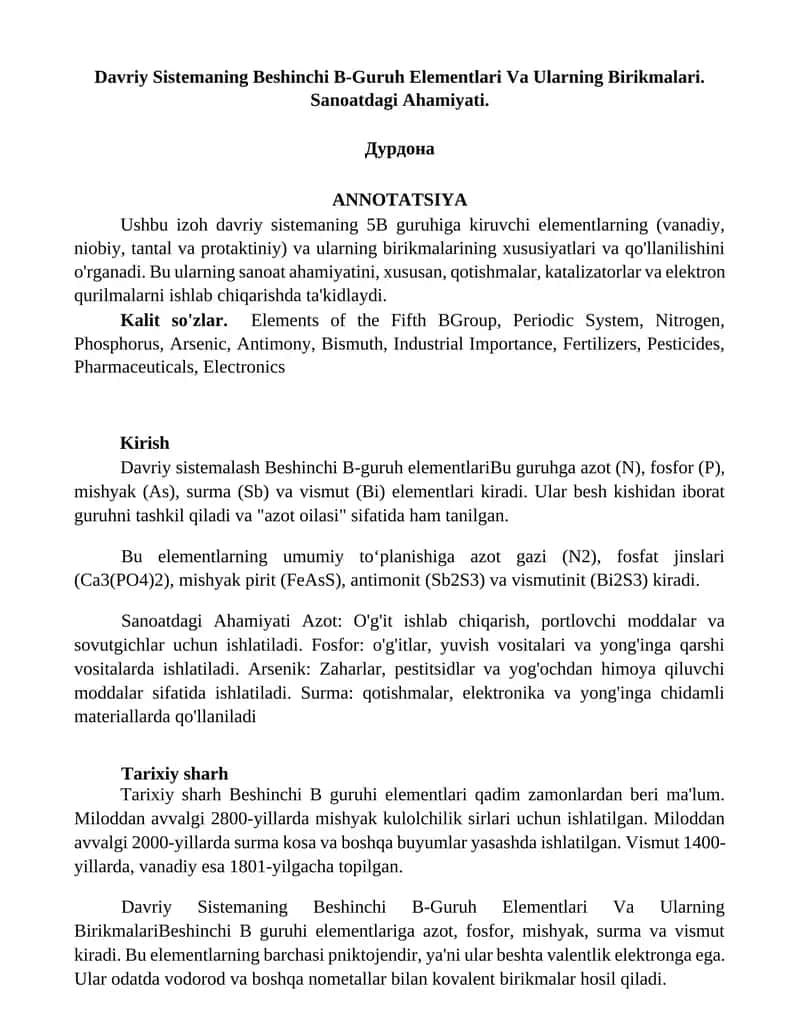 Davriy Sistemaning Beshinchi B-Guruh Elementlari Va Ularning Birikmalari. Sanoatdagi Ahamiyati.