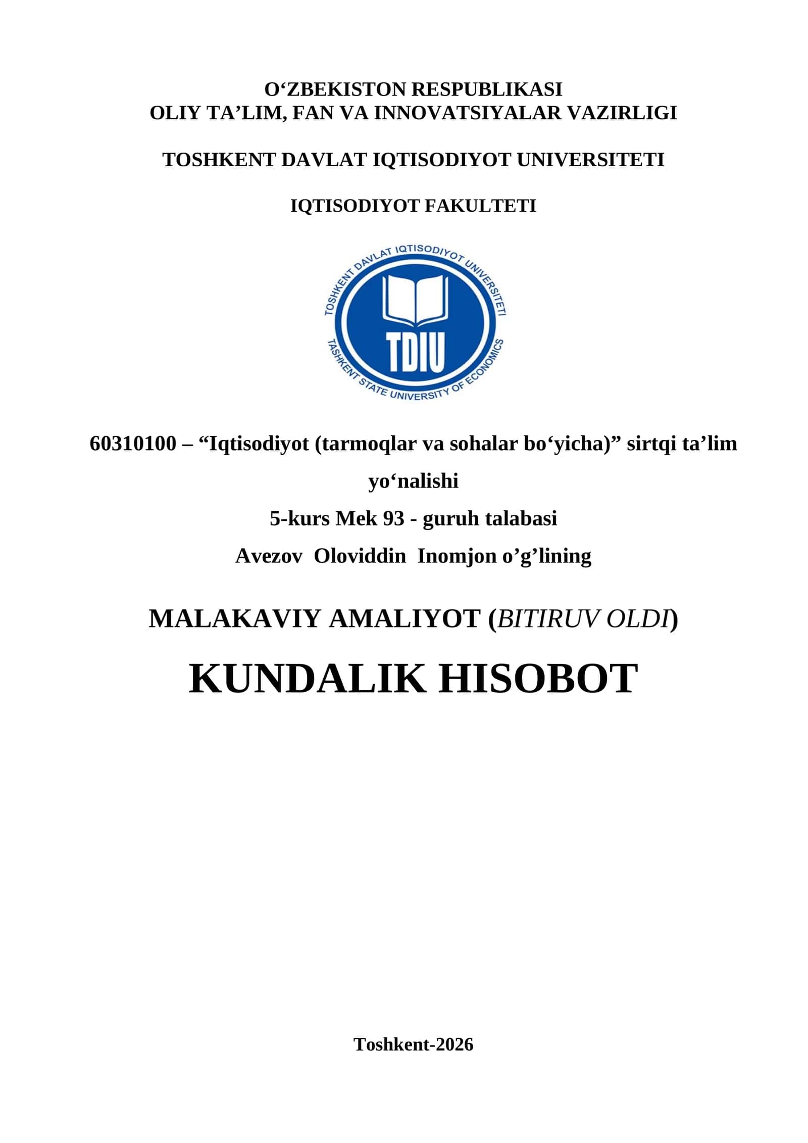 Yoshlar agentligi bitiruv amaliyot hisoboti