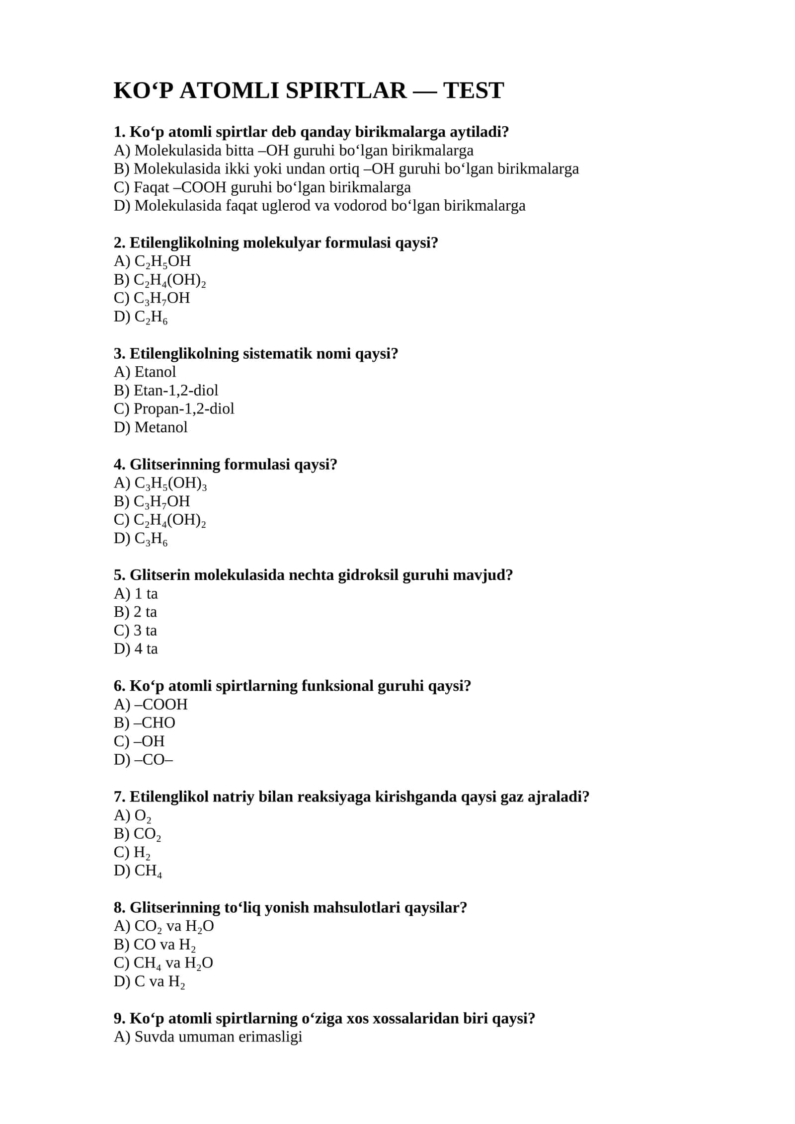 KO‘P ATOMLI SPIRTLAR — TEST