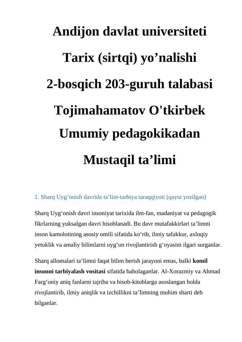 Sharq Uyg‘onish davri ta’lim-tarbiya taraqqiyoti