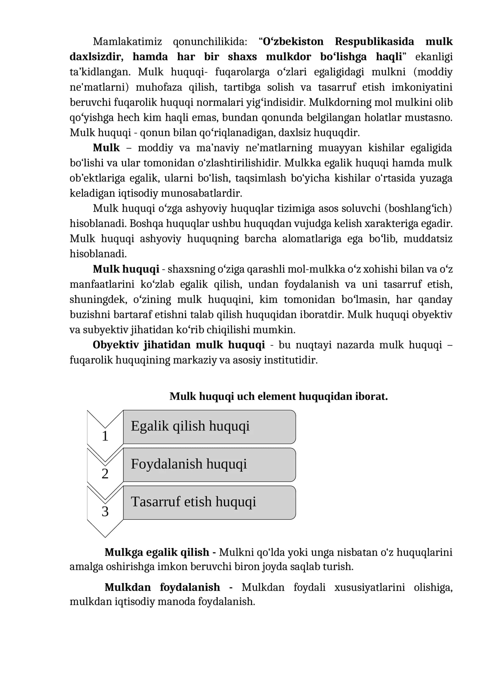 Mulk huquq shaklar, elementlari, mulk huquqi vujudga kelish va bekor bo'lish asoslari