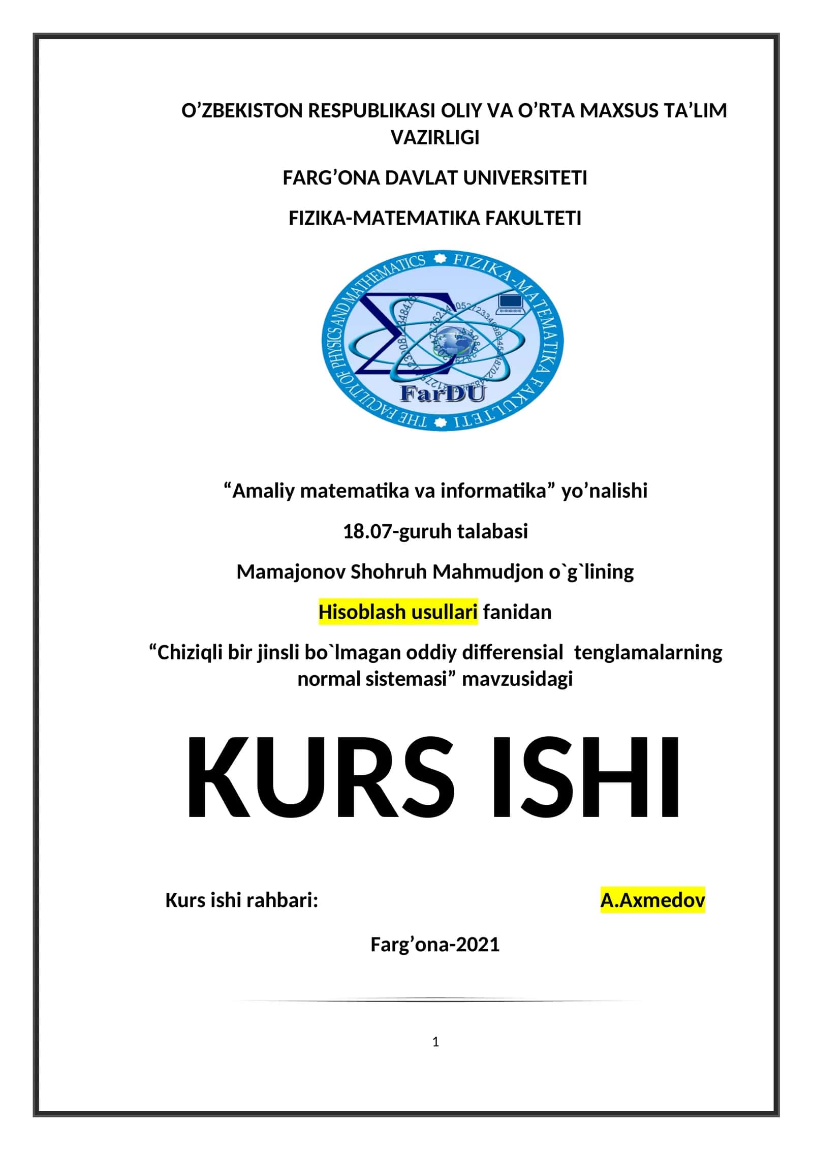 Chiziqli bir jinsli bo`lmagan oddiy differensial tenglamalarning normal sistemasi