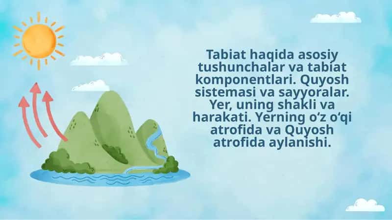 Tabiat haqida asosiy tushunchalar va tabiat komponentlari. Quyosh sistemasi va sayyoralar. Yer, uning shakli va harakati. Yerning o‘z o‘qi atrofida va Quyosh atrofida aylanishi