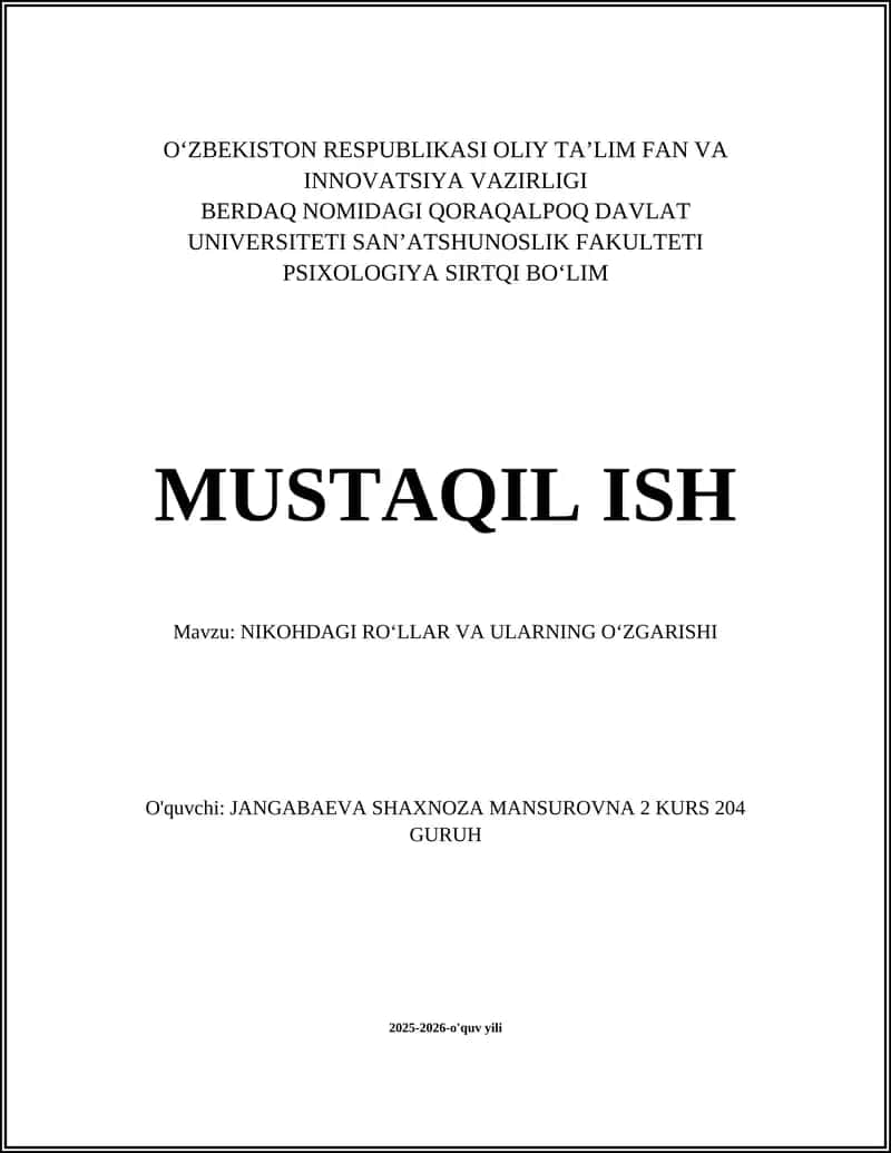 NIKOHDAGI RO‘LLAR VA ULARNING O‘ZGARISHI
