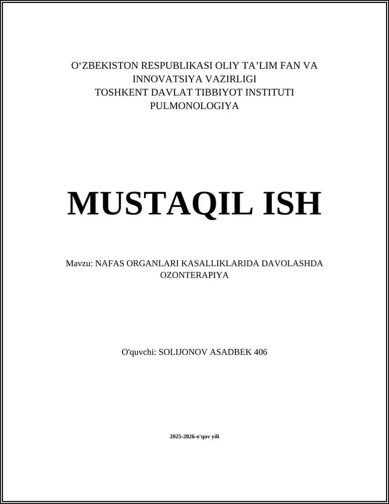 NAFAS ORGANLARI KASALLIKLARIDA DAVOLASHDA OZONTERAPIYA