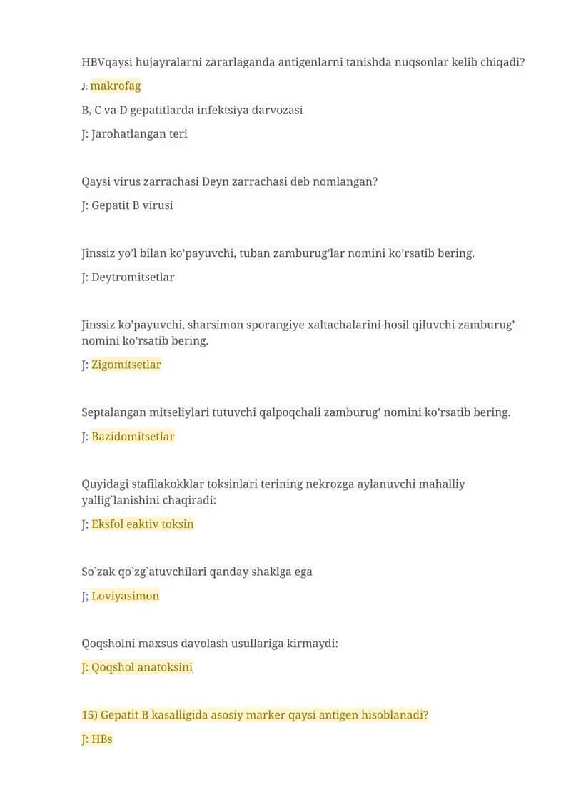 Gepatit, zamburug'lar va stafilakokklar bo'yicha savol-javoblar