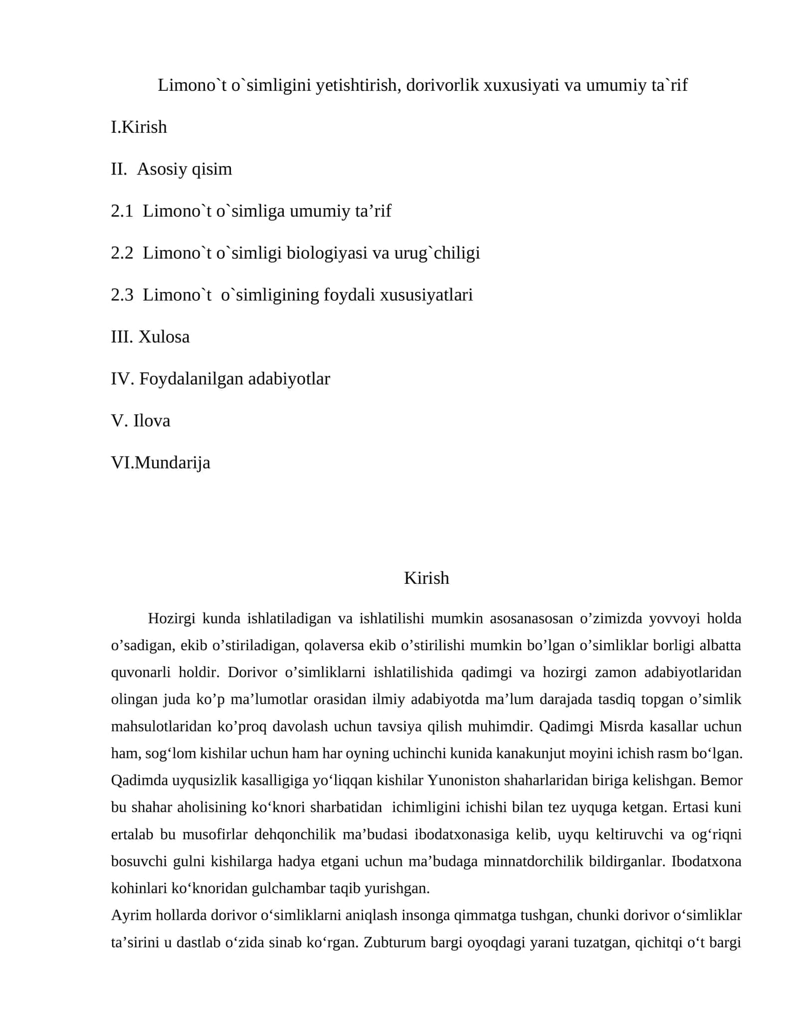 Limono`t o`simligini yetishtirish, dorivorlik xuxusiyati va umumiy ta`rif