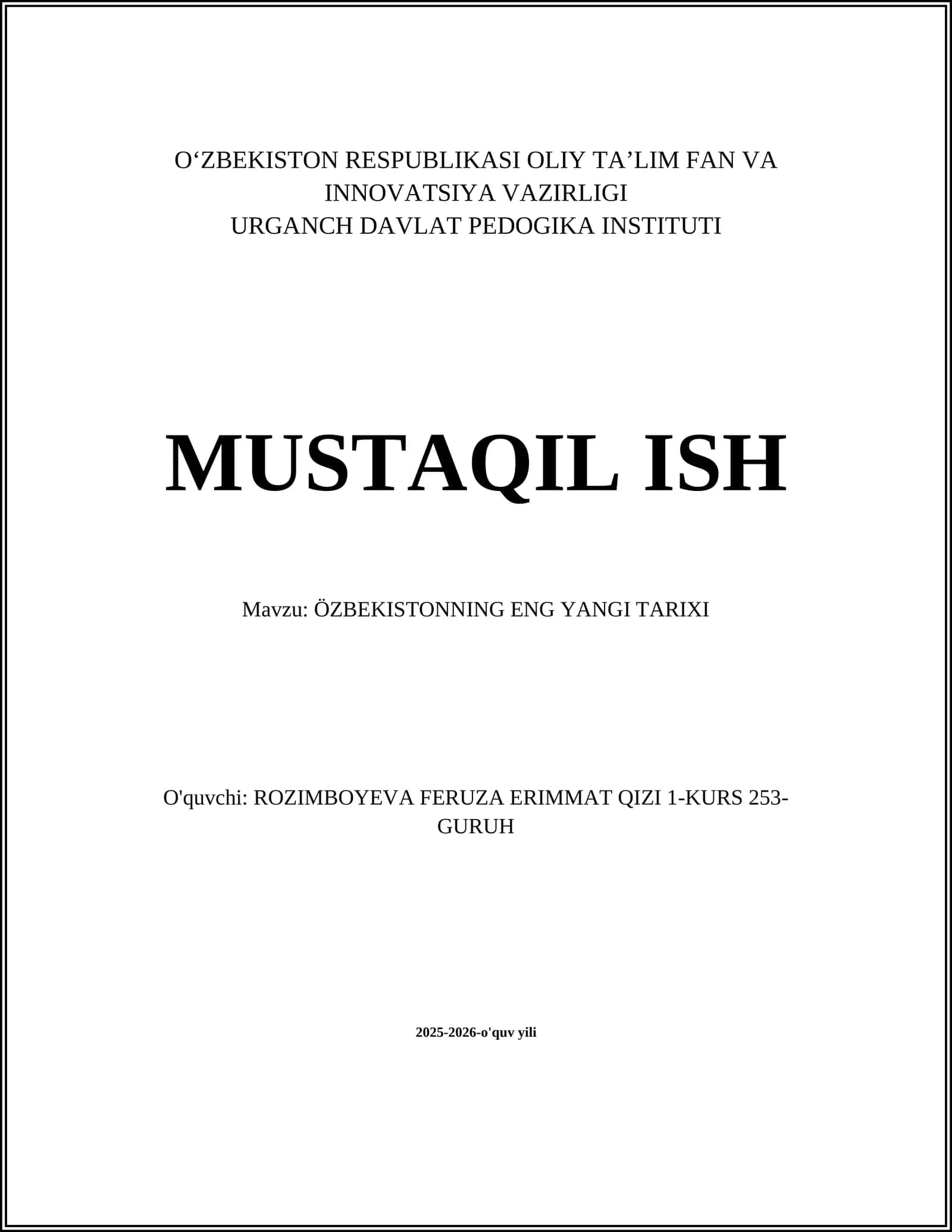ÖZBEKISTONNING ENG YANGI TARIXI