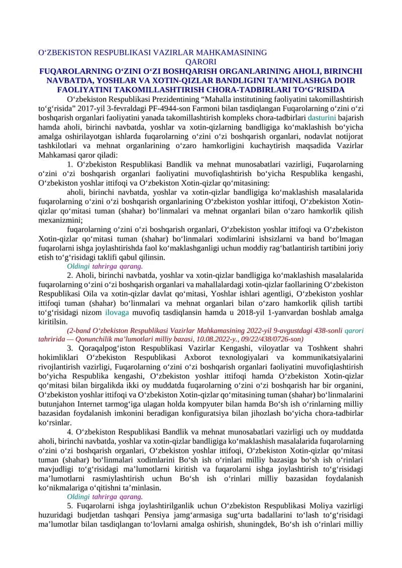FUQAROLARNING O‘ZINI O‘ZI BOSHQARISH ORGANLARINING AHOLI, BIRINCHI NAVBATDA, YOSHLAR VA XOTIN-QIZLAR BANDLIGINI TA’MINLASHGA DOIR FAOLIYATINI TAKOMILLASHTIRISH CHORA-TADBIRLARI TO‘G‘RISIDA