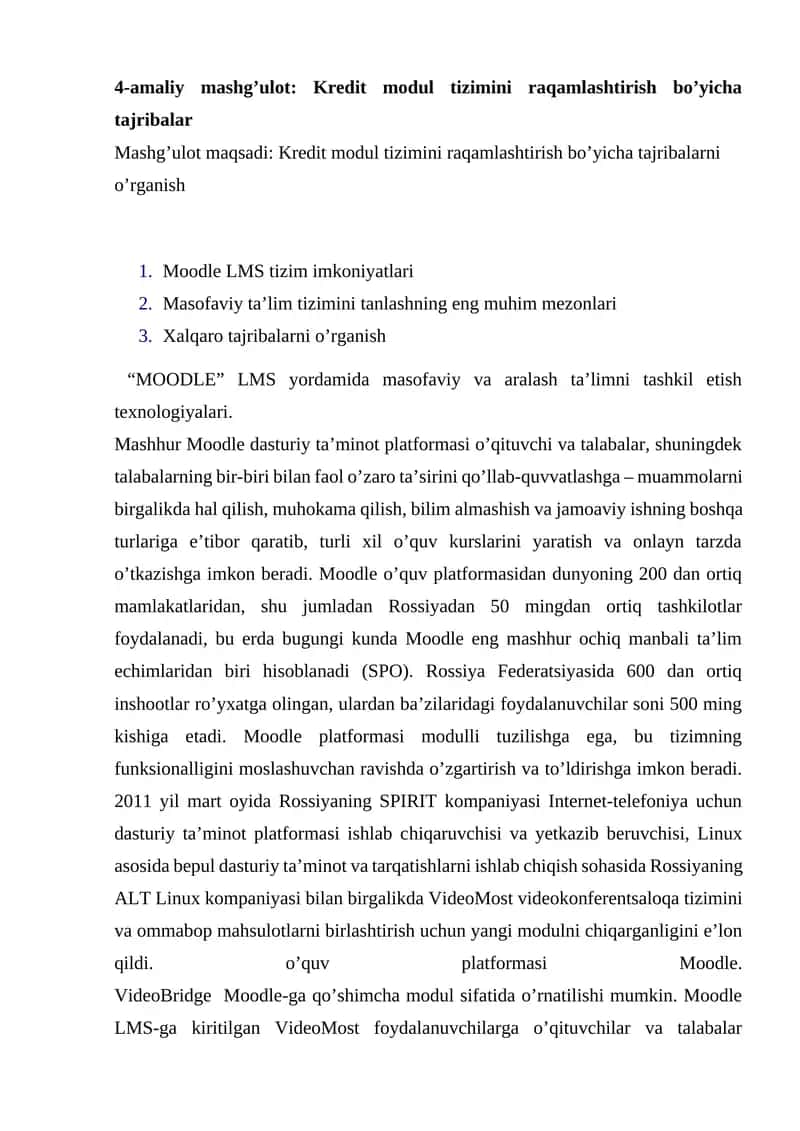 Kredit modul tizimini raqamlashtirish bo’yicha tajribalar