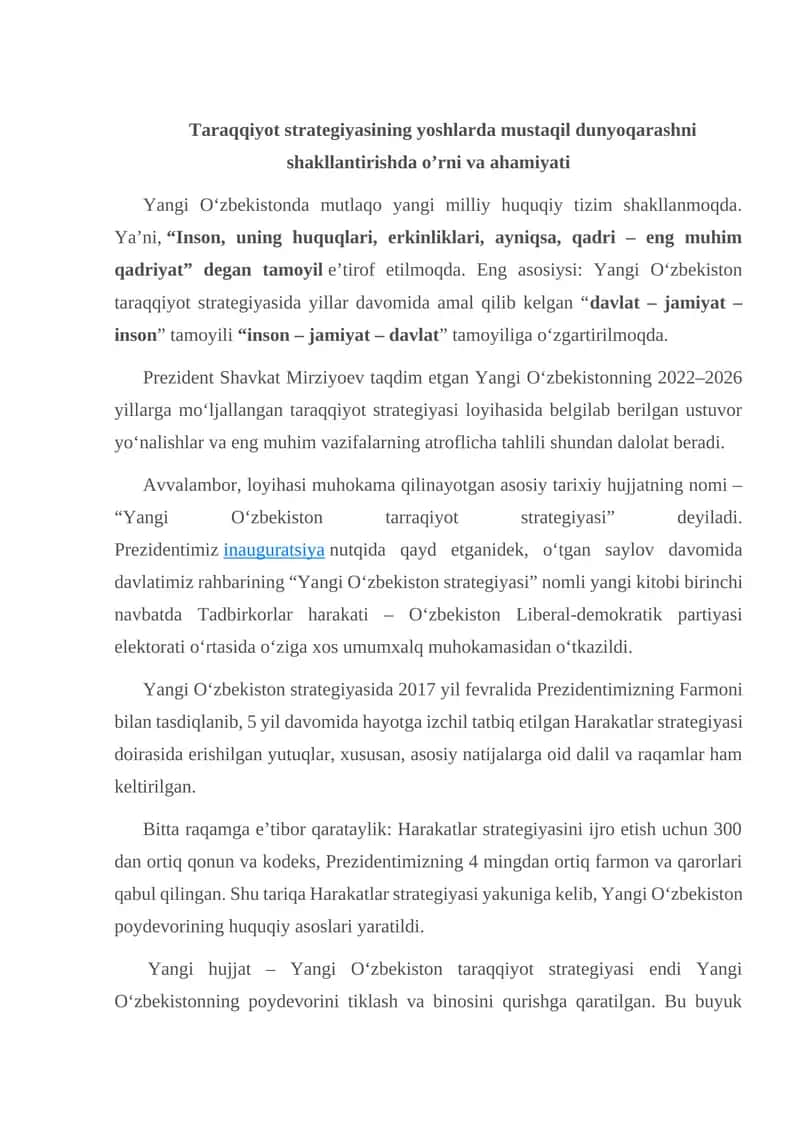 Yangi O‘zbekiston tarraqiyot strategiyasi