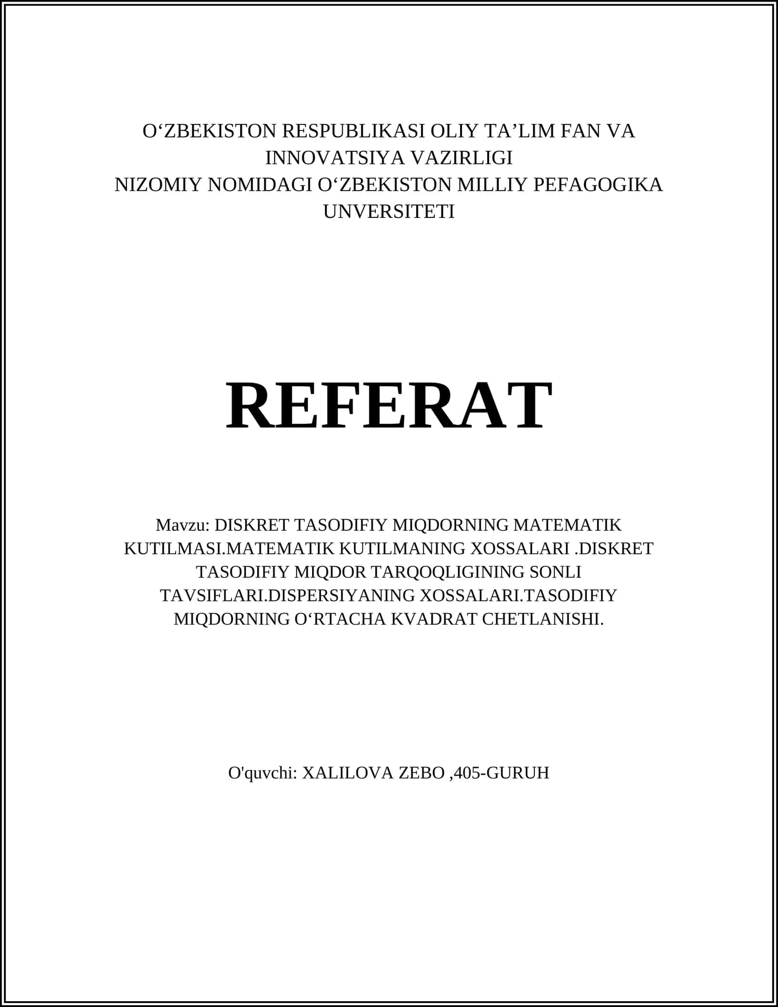 DISKRET TASODIFIY MIQDORNING MATEMATIK KUTILMASI