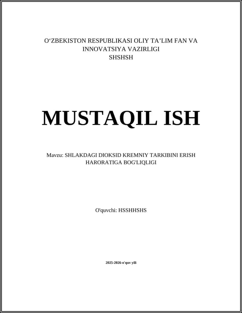 SHLAKDAGI DIOKSID KREMNIY TARKIBINI ERISH HARORATIGA BOG'LIQLIGI