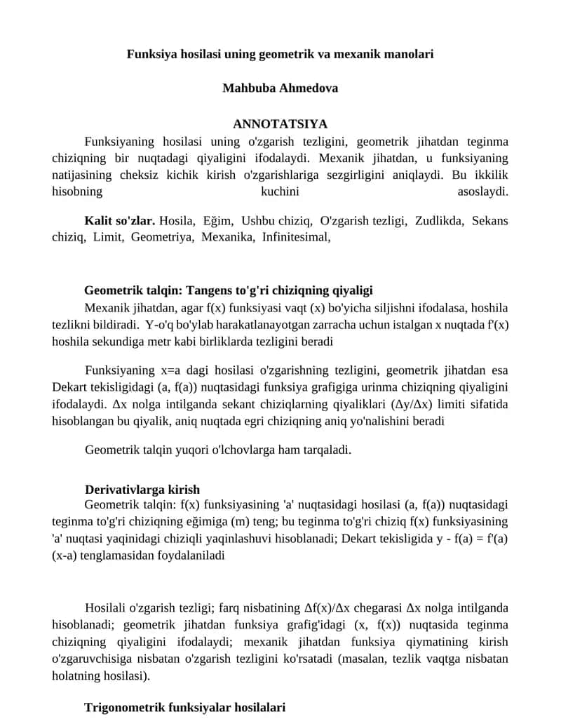 Funksiya hosilasi uning geometrik va mexanik manolari