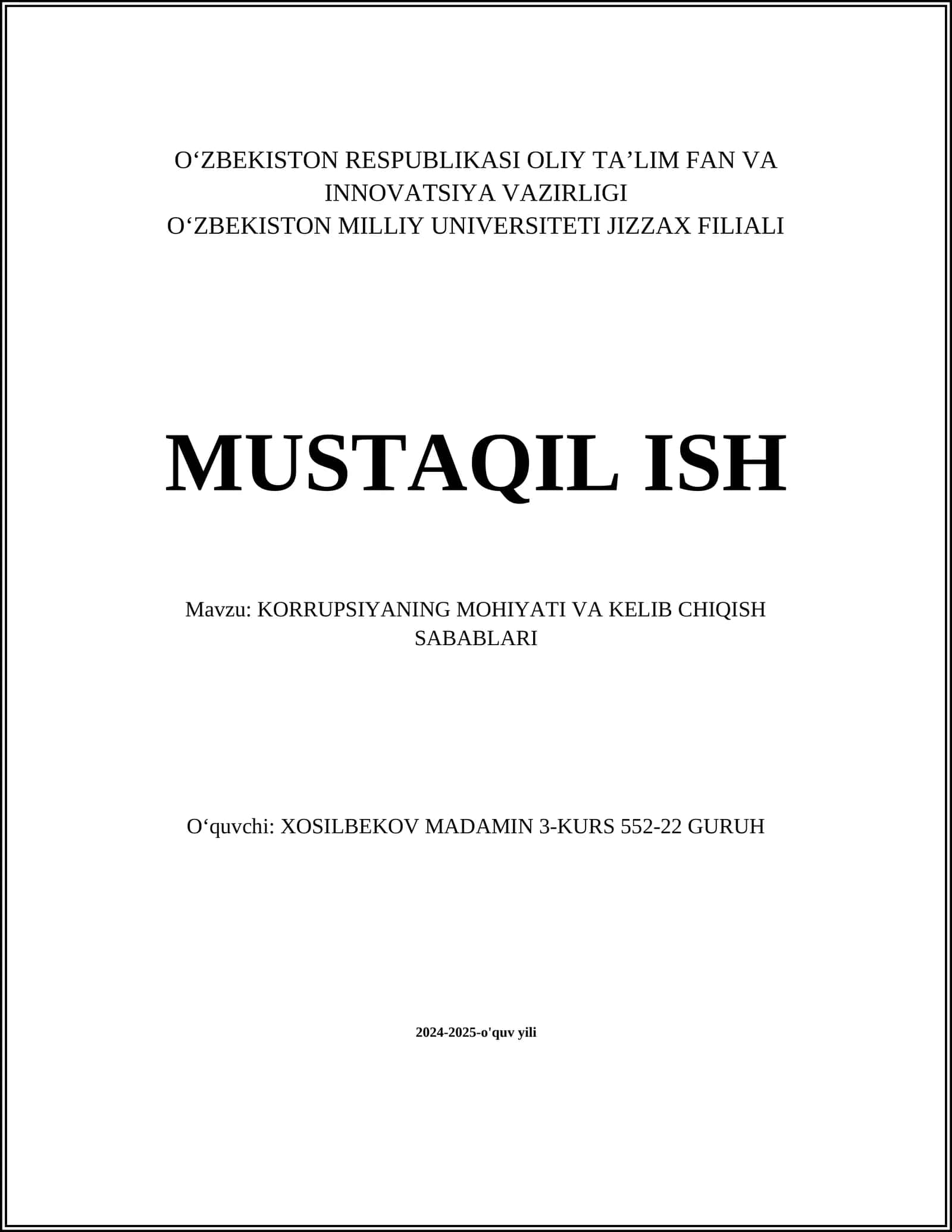 KORRUPSIYANING MOHIYATI VA KELIB CHIQISH SABABLARI