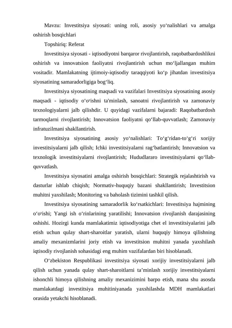 Investitsiya siyosati: uning roli, asosiy yoʻnalishlari va amalga oshirish bosqichlari