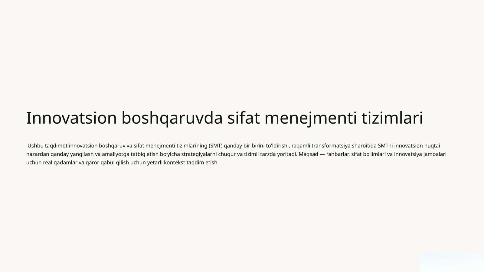 Innovatsion boshqaruvda sifat menejmenti tizimlari
