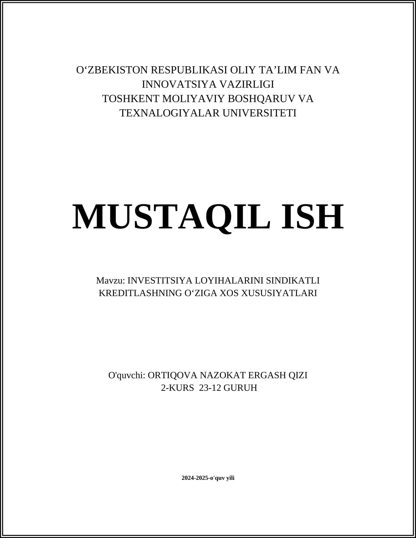 INVESTITSIYA LOYIHALARINI SINDIKATLI KREDITLASHNING OʻZIGA XOS XUSUSIYATLARI