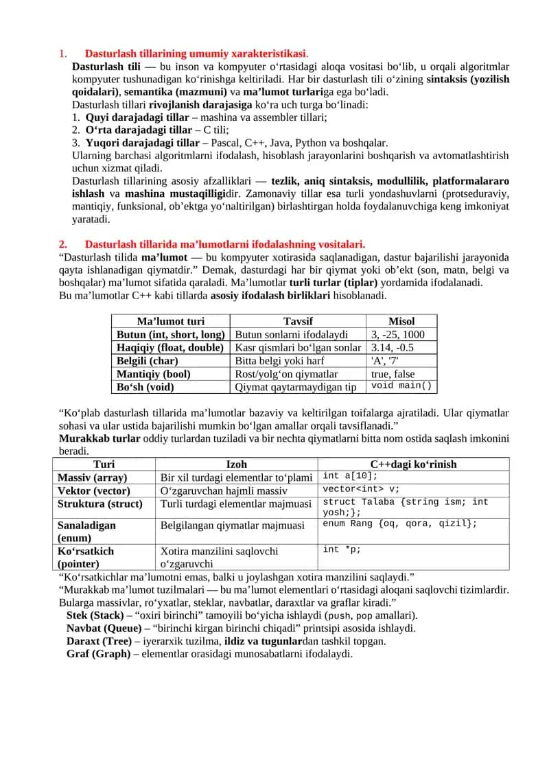 Dasturlash tillarining umumiy xarakteristikasi.