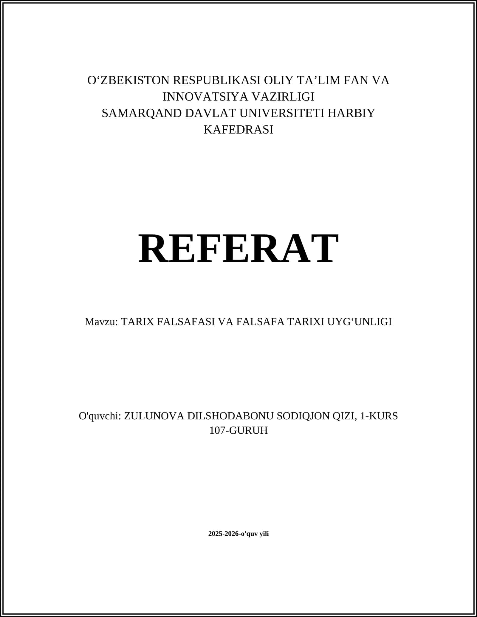 TARIX FALSAFASI VA FALSAFA TARIXI UYGʻUNLIGI
