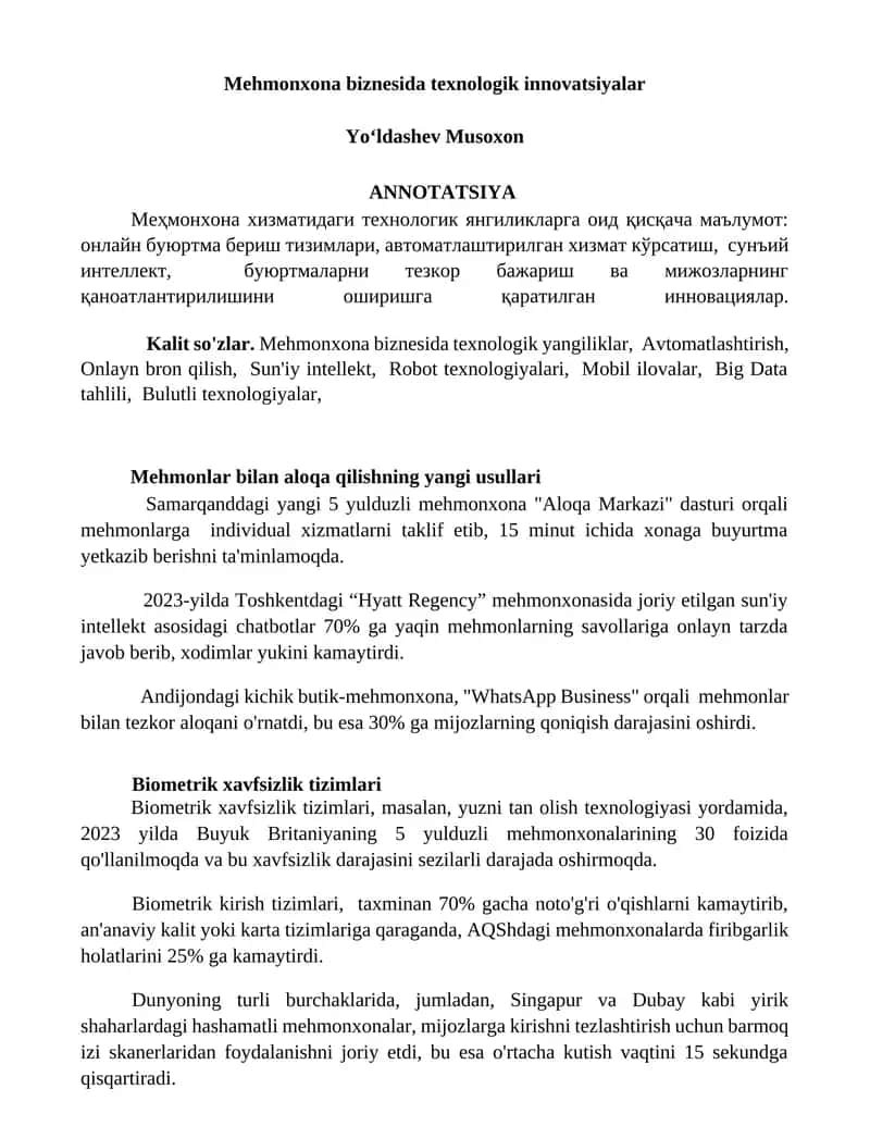 Mehmonxona biznesida texnologik innovatsiyalar