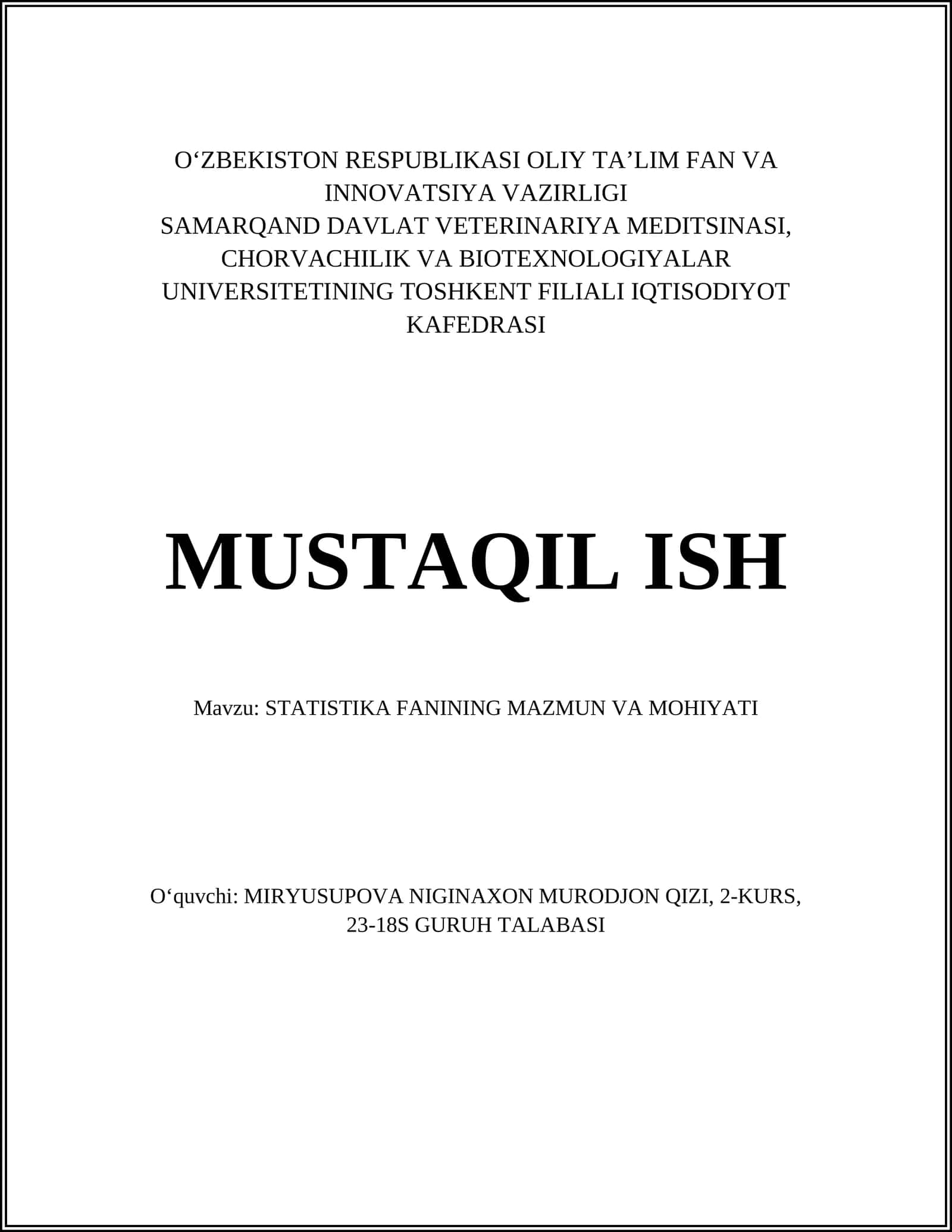 STATISTIKA FANINING MAZMUN VA MOHIYATI
