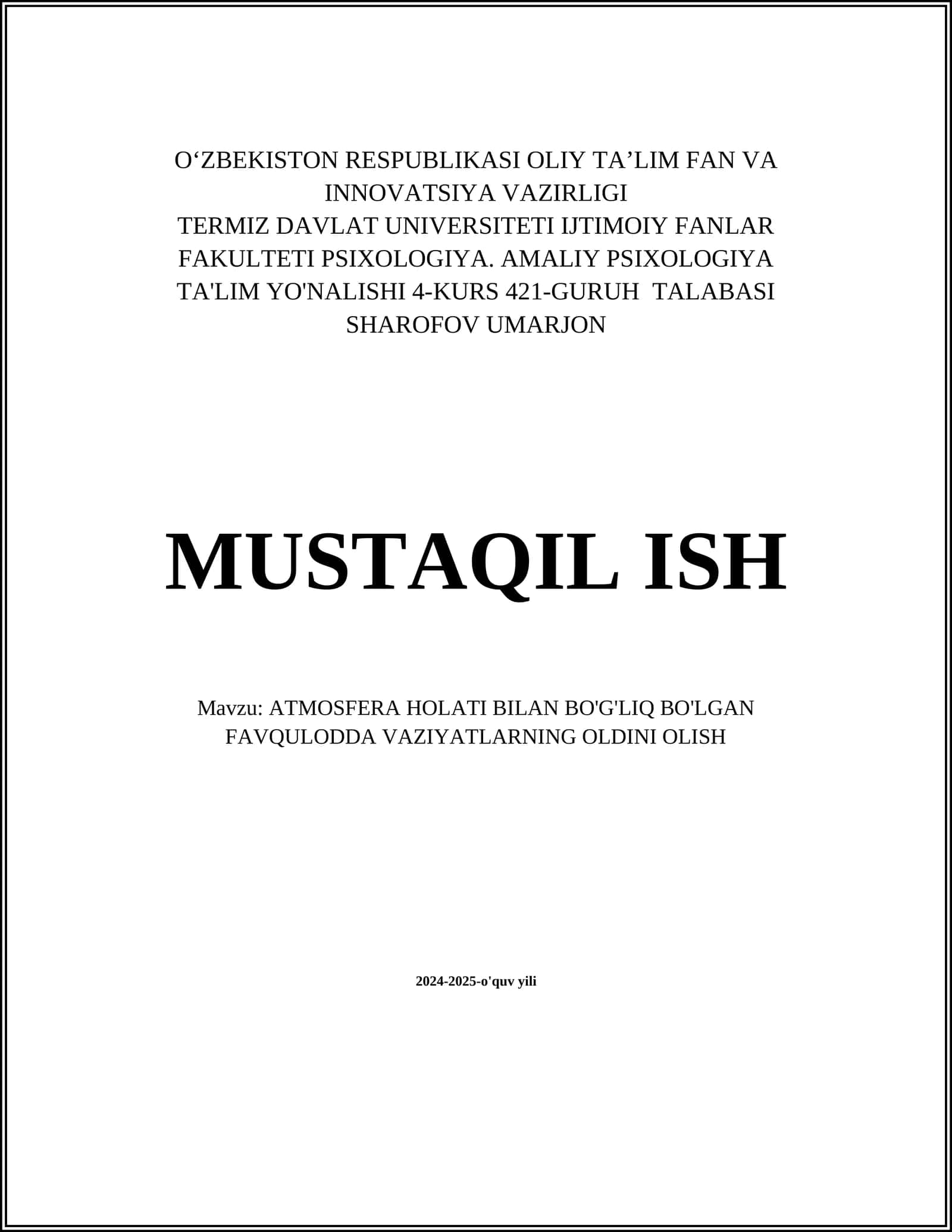 ATMOSFERA HOLATI BILAN BO'G'LIQ BO'LG'AN FAVQULODDA VAZIYATLARNING OLDINI OLISH