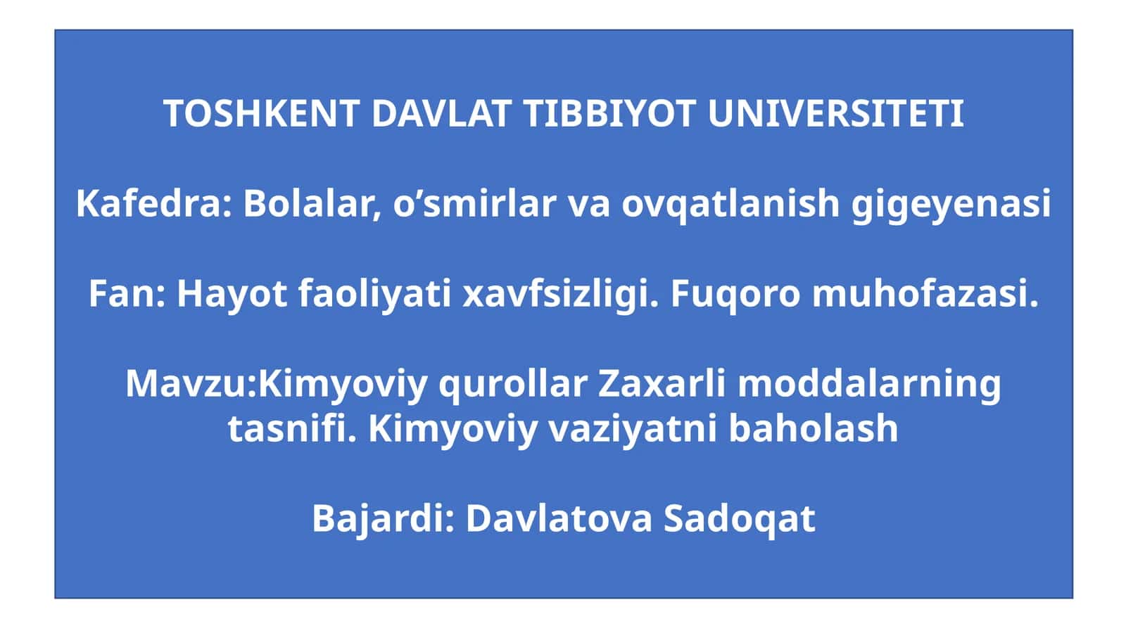 Kimyoviy qurollar Zaxarlimoddalarning tasnifi. Kimyoviy vaziyatnibaholash