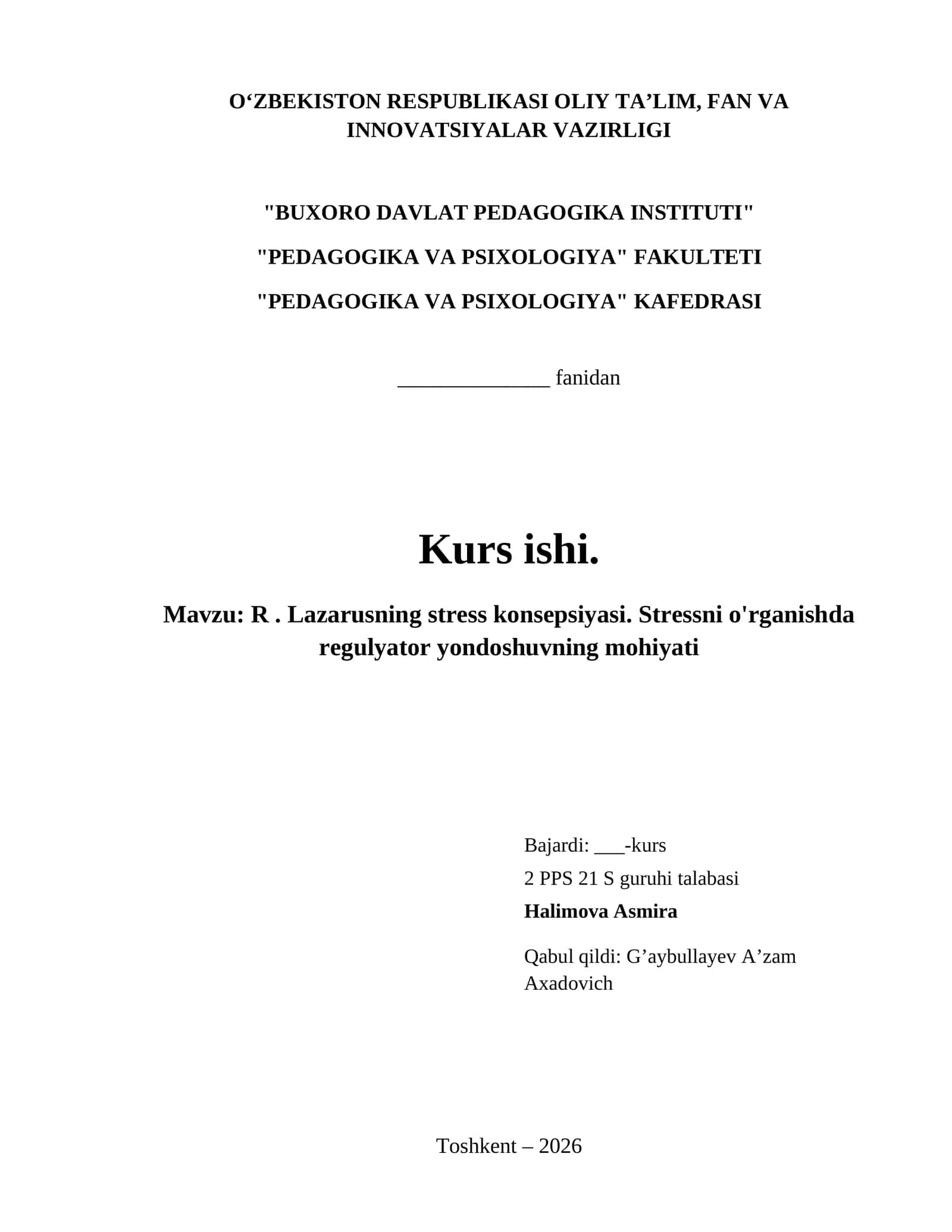 R . Lazarusning stress konsepsiyasi. Stressni o'rganishda regulyator yondoshuvning mohiyati