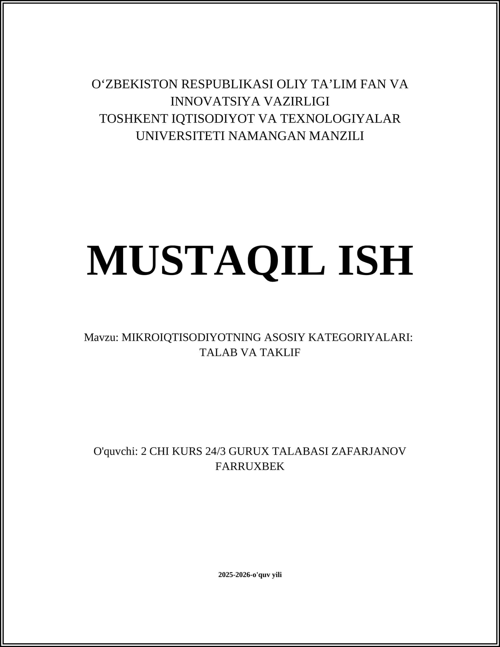 MIKROIQTISODIYOTNING ASOSIY KATEGORIYALARI: TALAB VA TAKLIF
