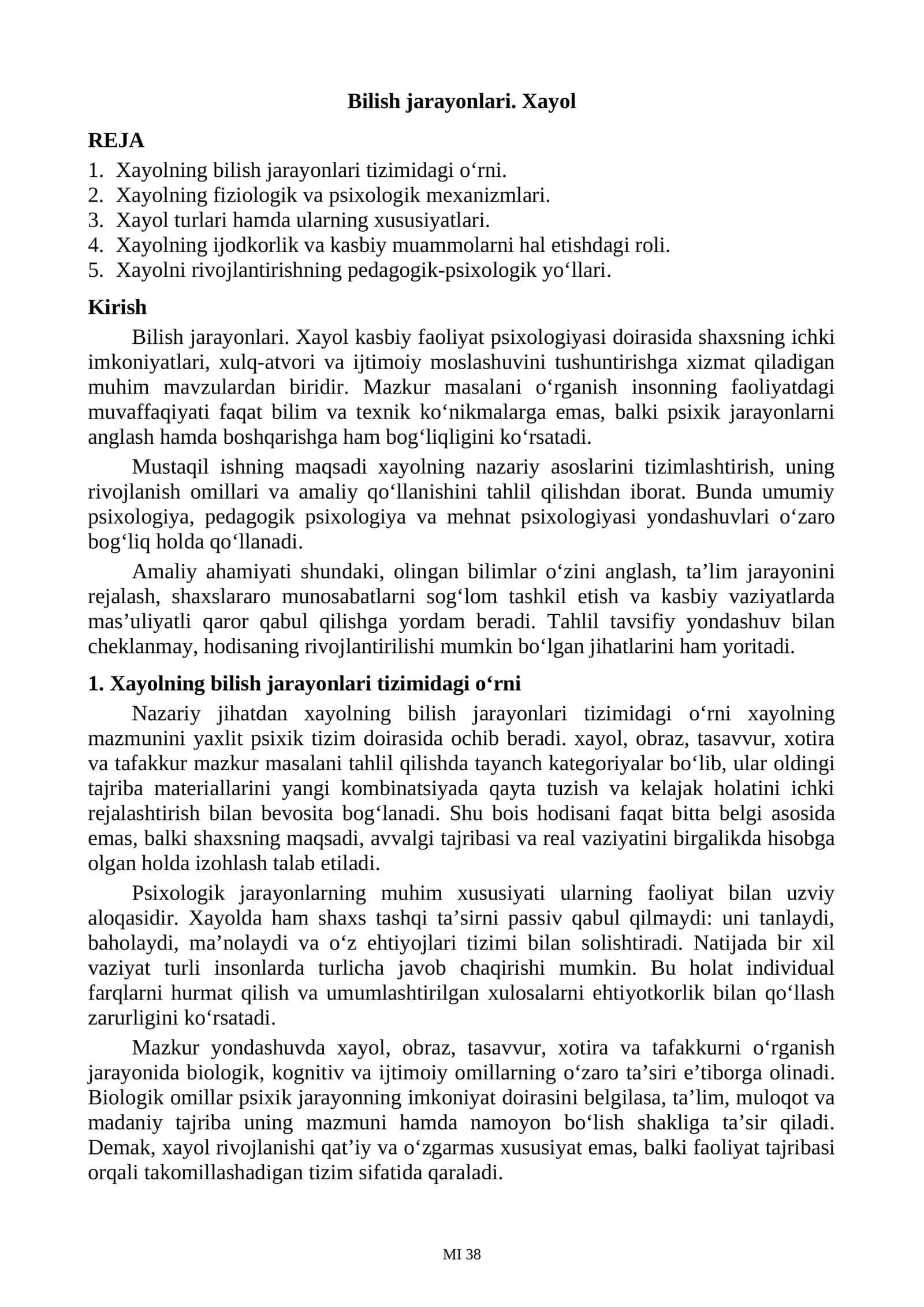 Xayolning Bilish Jarayonlari