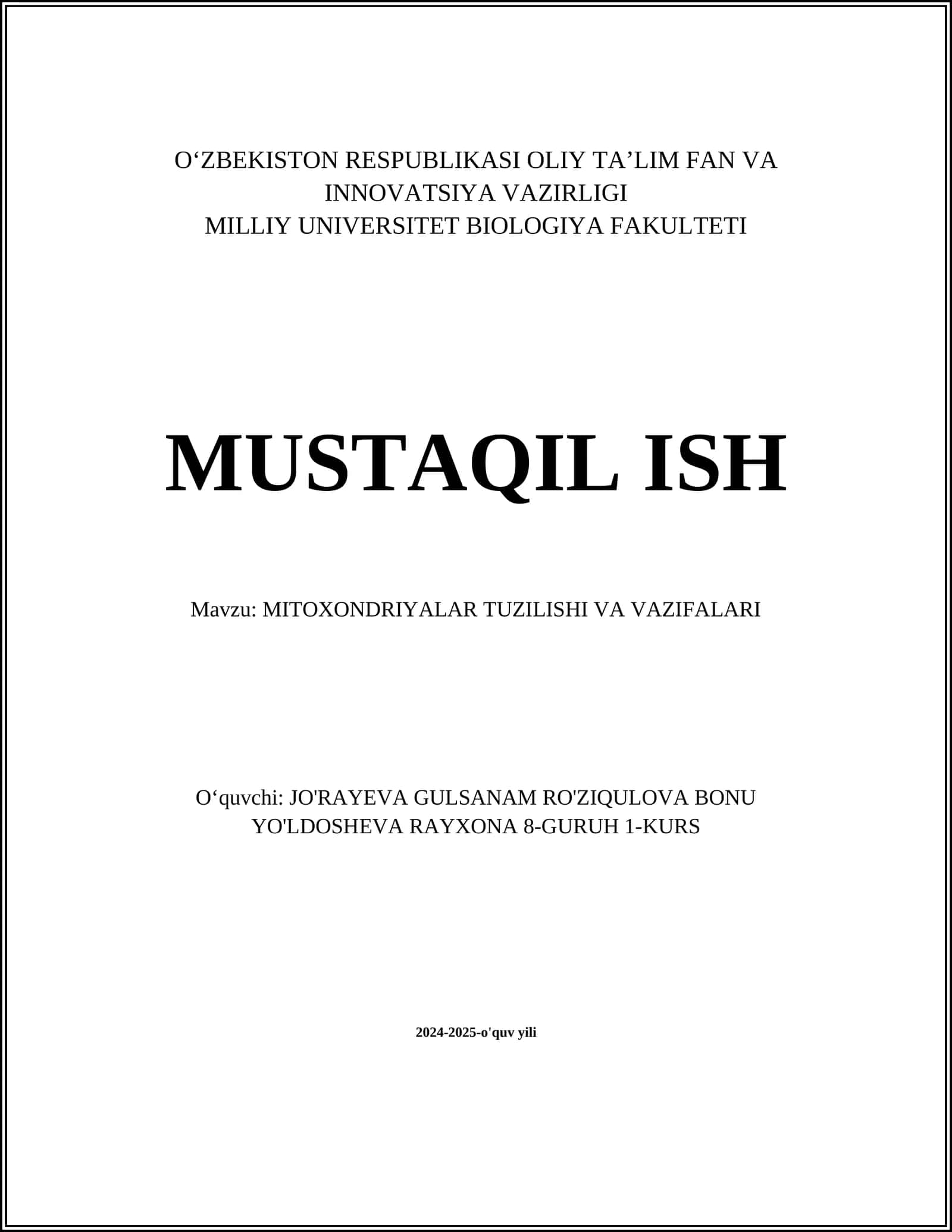MITOXONDRIYALAR TUZILISHI VA VAZIFALARI