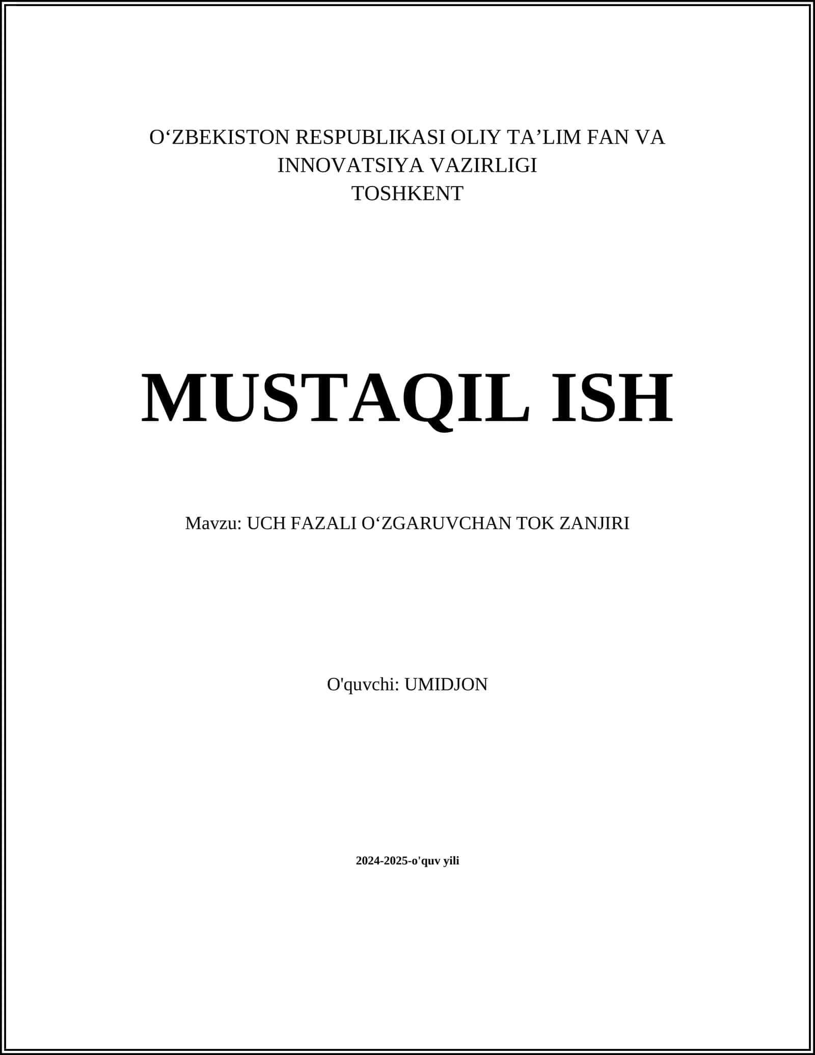 UCH FAZALI OʻZGARUVCHAN TOK ZANJIRI