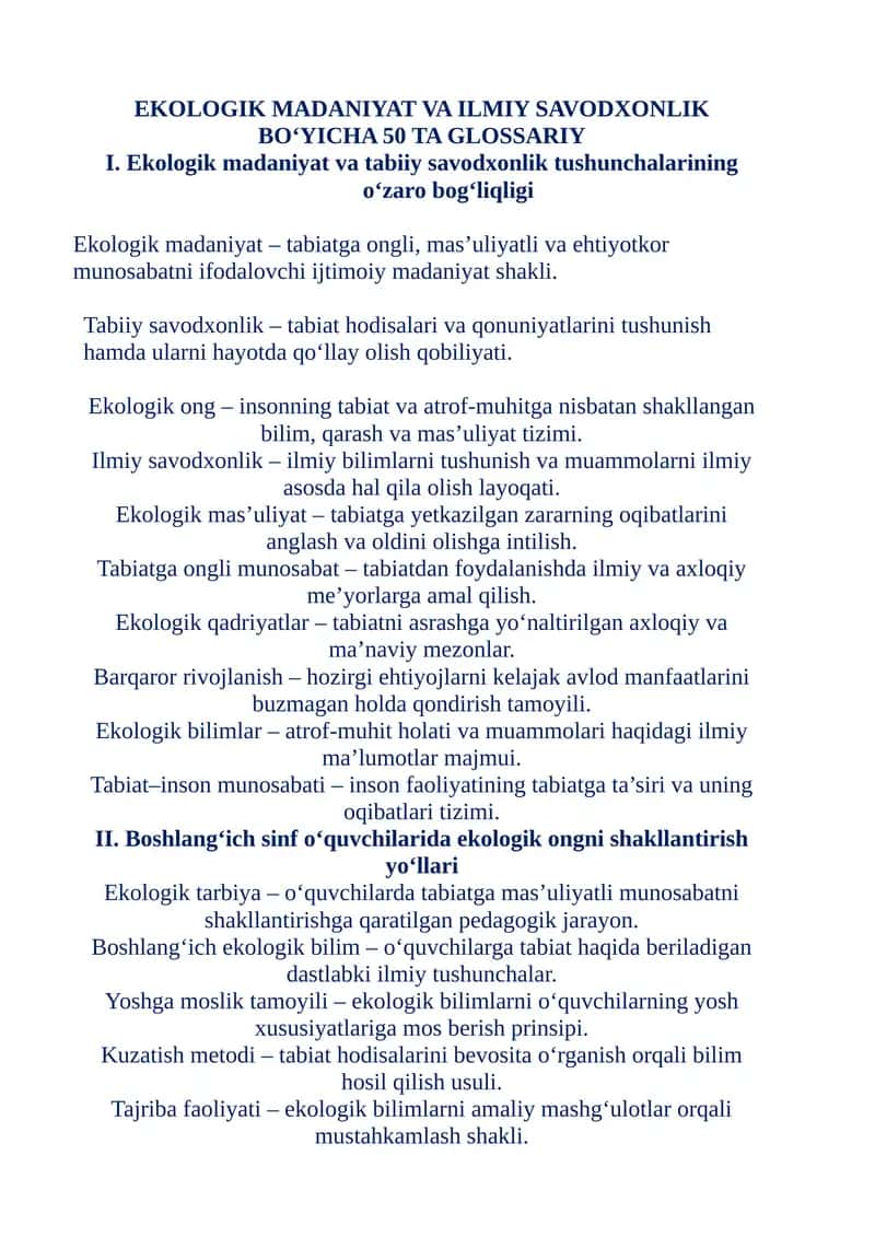 Ekologik Madaniyat va Ilmiy Savodxonlik bo‘yicha 50 ta Glossariy