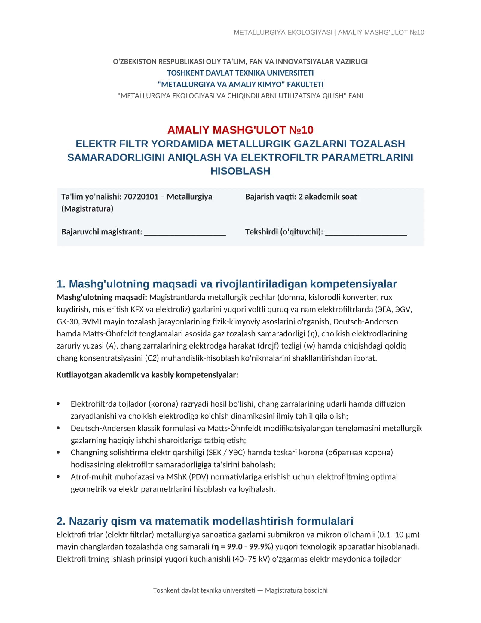 METALLURGIYA EKOLOGIYASI | AMALIY MASHG'ULOT №10