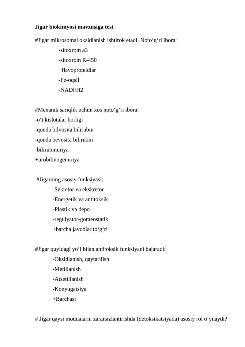 Jigar biokimyosi mavzusiga test