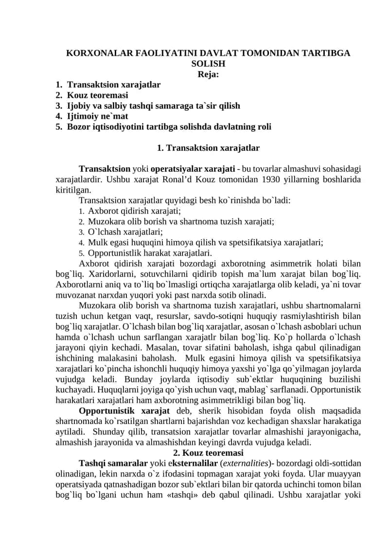 KORXONALAR FAOLIYATINI DAVLAT TOMONIDAN TARTIBGA SOLISH