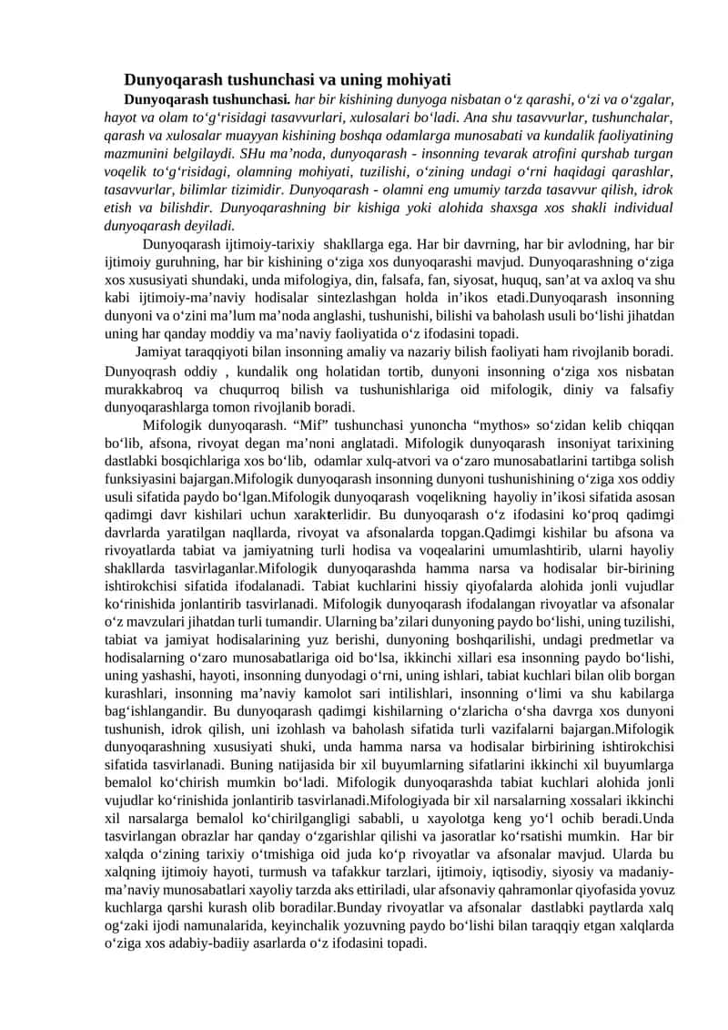 Dunyoqarash tushunchasi va uning mohiyati