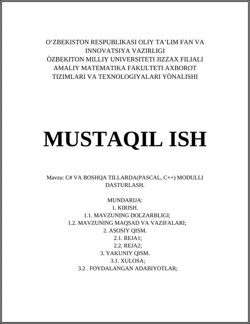 Modulli Dasturlashga Kirish (C#, Pascal, C++)