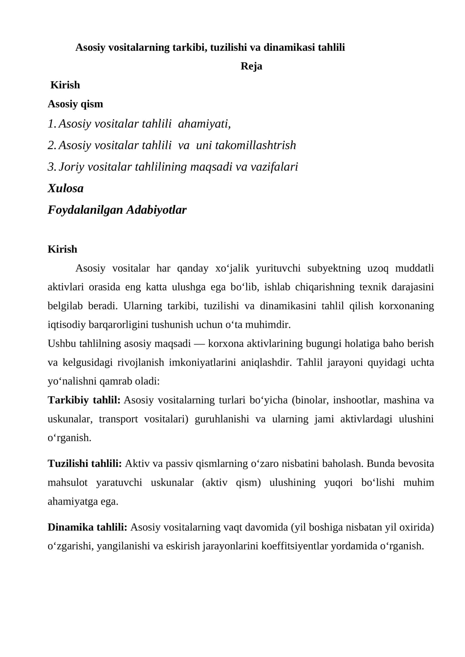 Asosiy vositalarning tarkibi, tuzilishi va dinamikasi tahlili