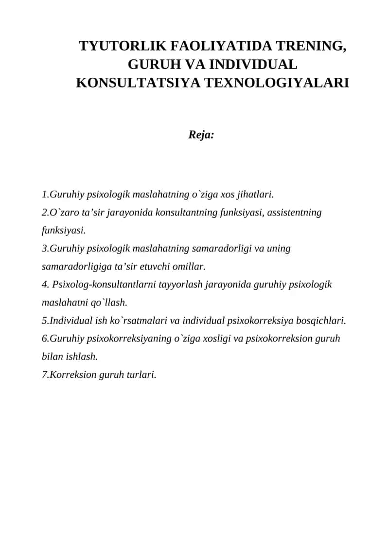TYUTORLIK FAOLIYATIDA TRENING, GURUH VA INDIVIDUAL KONSULTATSIYA TEXNOLOGIYALARI