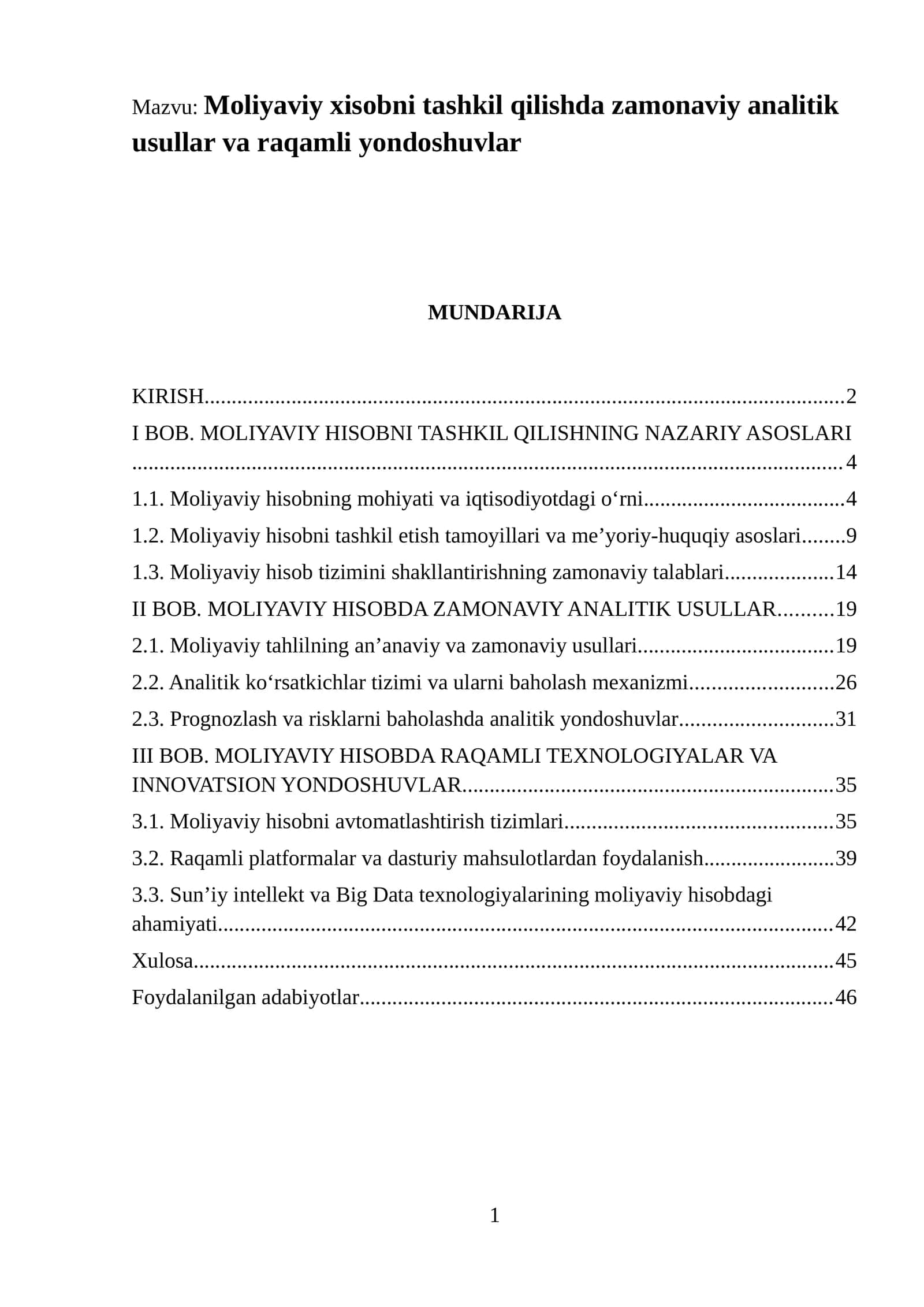 Moliyaviy xisobni tashkil qilishda zamonaviy analitik usullar va raqamli yondoshuvlar