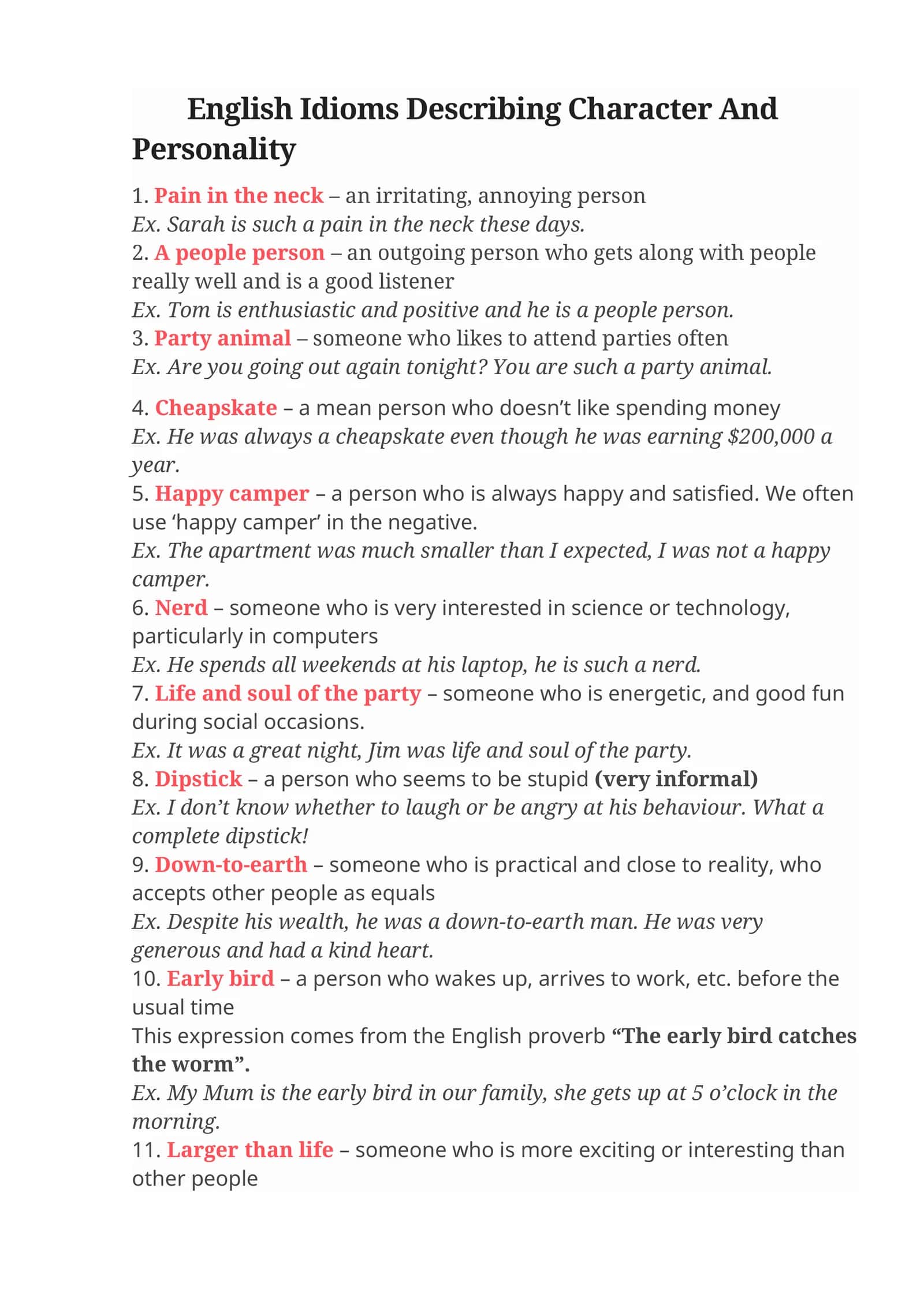 English Idioms Describing Character And Personality