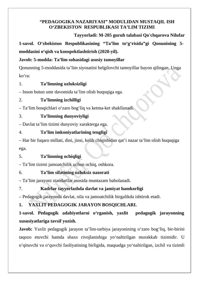 PEDAGOGIKA NAZARIYASI MODULIDAN MUSTAQIL ISH